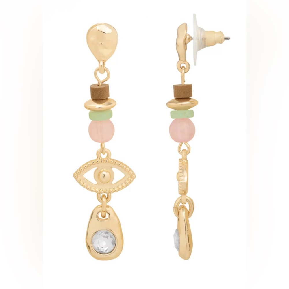 Emberly Gold Tone Bead & Wood Evil Eye Linear Earrings NWT